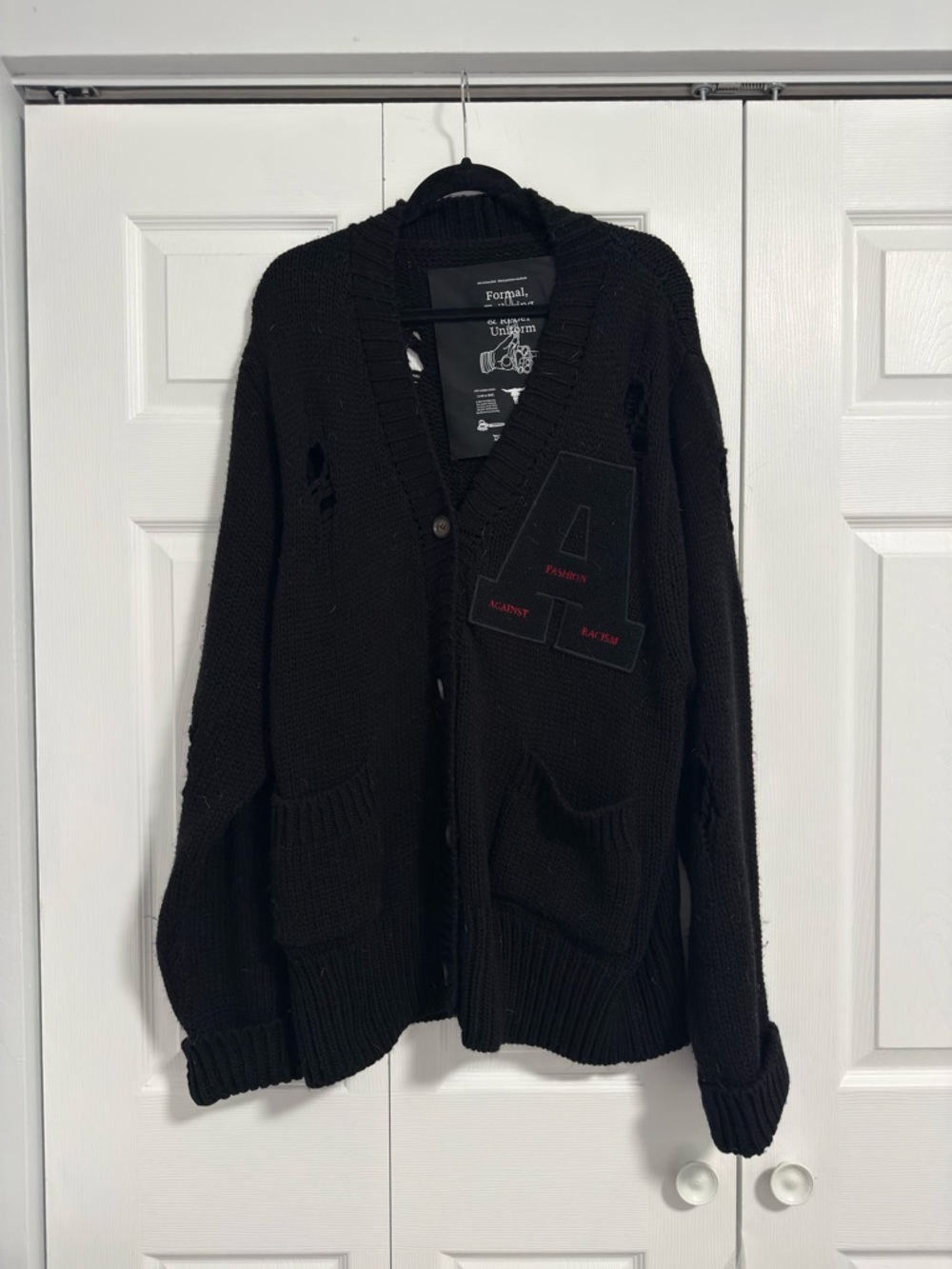 Men's Black Distressed Oversized V-Neck Patch Cardigan